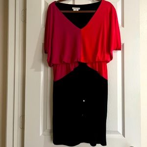 London Times Pink & orange color block midi dress with drawstring waist